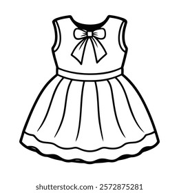 Cute little girl's dress, sleeveless, bow detail at neckline, gathered skirt, black and white line drawing, simple illustration, children's fashion, coloring book style, clean lines, no background