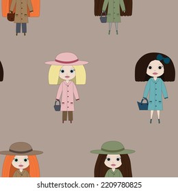 Cute little girls dressed for different seasons on a  brown  background. Girlish backgroundPerfect for little girl design