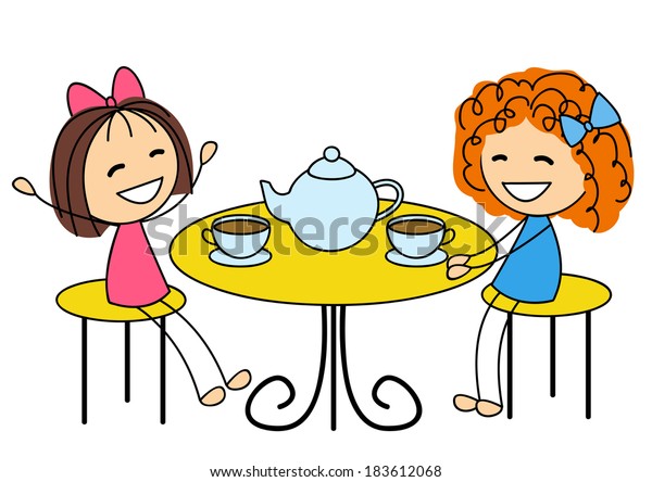 Cute Little Girls Drinking Tea Stock Vector (Royalty Free) 183612068