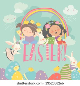 Cute little girls with Easter theme. Happy Easter