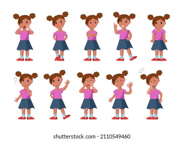 Cute little girls face emotions and expressions cartoon vector illustration set. Kid character standing in different poses happy, sad, angry, surprised, crying, smiling, laughing, confused