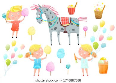 Cute little girls at fair with sweets, cotton candy, lollipops and pony. Carnival, fair and other entertainment for children clipart collection of objects. Vector cartoon in watercolor style for kids.