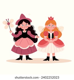 Cute little girls in fairy costume. Vector illustration in cartoon style