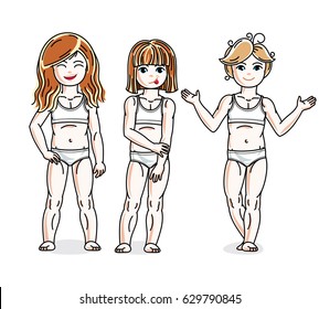 Cute little girls group standing in white underwear. Vector kids illustrations set. Childhood and family lifestyle cartoons.