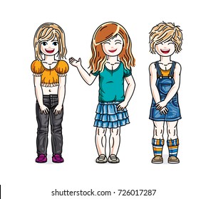 Cute little girls group standing  wearing fashionable casual clothes. Vector diversity kids illustrations set. Childhood and family lifestyle cartoons.