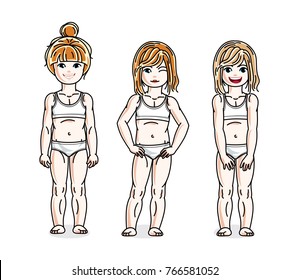 Cute little girls group standing in white underwear. Vector kids illustrations set. Childhood and family lifestyle clip art.