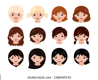 Cute little girls head with different hairstyles and hair colors from blonde to black. Vector.