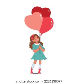 Cute Little Girls with Heart Shaped Balloons Bunch Isolated on White Background. Birthday Celebration, Holiday, Fun. Kid Character Celebrate Party or Fun in Park. Cartoon People Vector Illustration