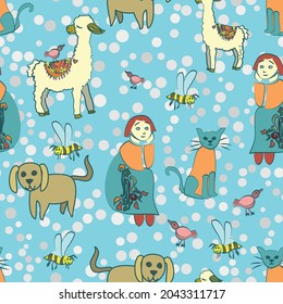 Cute little girls with her pets vector seamless repeatable pattern with llamas, dogs, puppies, bumblebees, cats and birds on a blue polka dot background