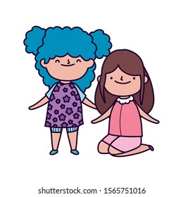 cute little girls holding hands on white background vector illustration