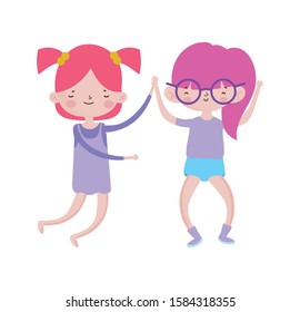 cute little girls holding hands friends cartoon characters vector illustration