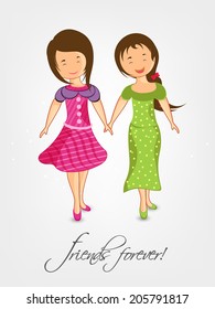 Cute little girls holding hands together on grey background for Happy Friendship Day celebrations. 