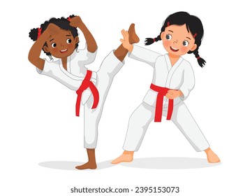 Niñas cortas karate niños entrenando arte marcial 