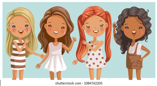 Cute little girls long hair. Beautiful and trendy. Hairstyles are different.  Of color and style Blonde,red,brown,black,straight hair,curly hair. Girls in four dresses. Gently standing teenage stance.