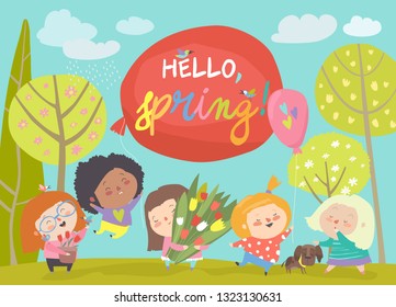 Cute Little Girls Meeting Spring In Park