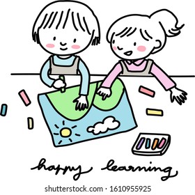 Cute little girls painting picture in art class. Little children using crayon painting picture together. Two little sisters having fun together by drawing picture with crayons. Hand-drawn vector.