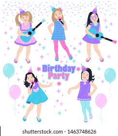 Cute little girls in pink, turquoise and lilac outfits dancing, singing and playing the guitar at birthday party. Vector flat illustration children holiday theme.