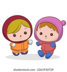 cute little girls play together in winter doodle art vector.