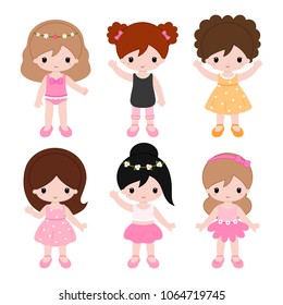 Cute little girls playing on the nature. Summer clipart. Vector.