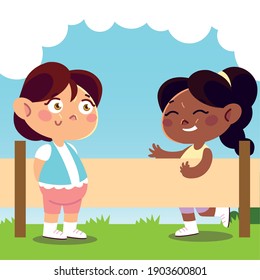 cute little girls playing in the yard cartoon, children vector illustration