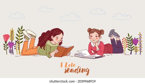 Cute little girls reading books in the garden. Nature landscape background. Summer holidays illustration. Vacation time