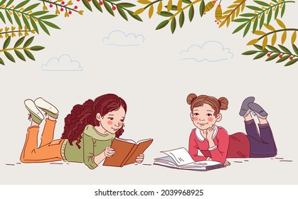 Cute little girls reading books