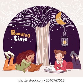 Cute little girls reading books in the garden. Nature landscape background. Summer holidays illustration. Vacation time