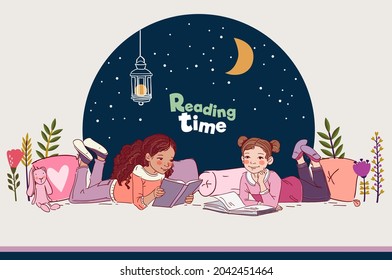 Cute little girls reading books in the garden. Nature landscape background. Summer holidays illustration. Vacation time