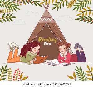 Cute little girls reading books in the garden. Nature landscape background. Summer holidays illustration. Vacation time