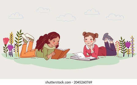 Cute little girls reading books in the garden. Nature landscape background. Summer holidays illustration. Vacation time