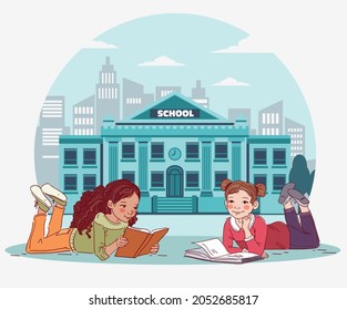 Cute little girls reading books. Back to school vector illustration