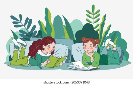 Cute little girls reading books in the garden. Nature landscape background. Summer holidays illustration. Vacation time