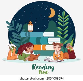 Cute little girls reading books in the garden. Nature landscape background. Summer holidays illustration. Vacation time