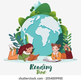 Cute little girls reading books. World map background