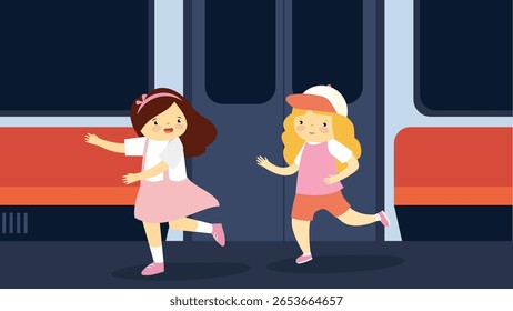 cute little girls running in subway vector illustration design. eps 10