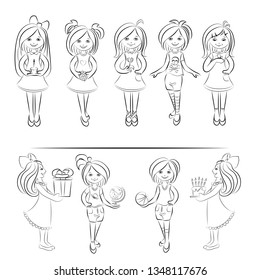 Cute little girls set hand drawn vector illustration