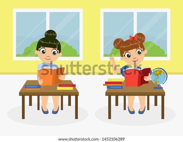 Cute Little Girls Sitting Desk Reading Stock Vector Royalty Free