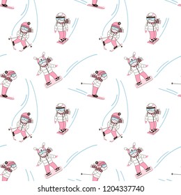 Cute little girls skiing and snowboarding in snow mountains. Vector Seamless pattern drawn in linear doodle style in pastel blue, pink and white palette. Perfect for girl-like design.