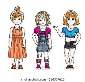 Cute little girls standing in stylish casual clothes. Vector kids illustrations set.