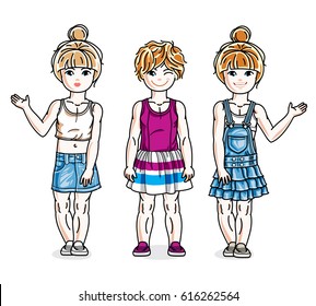 Cute little girls standing wearing fashionable casual clothes. Vector kids illustrations set. Childhood and family lifestyle cartoons.