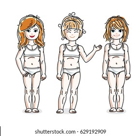 Cute little girls standing in white underwear. Vector diversity kids illustrations set. Childhood and family lifestyle cartoons.