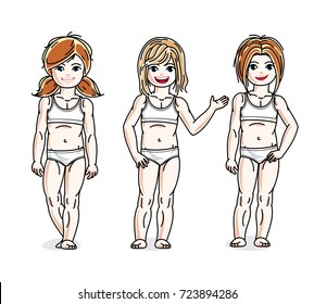 Cute little girls standing in white underwear. Vector diversity kids illustrations set.