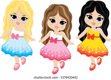 Cute Little girls with various hair and dress colors vector. Beautiful little girls party dresses vector. Summer party little girls vector.