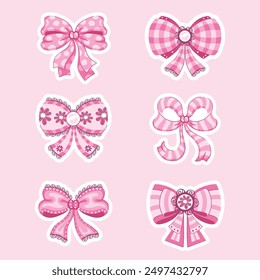 Cute little girly coquette pink bows and ribbons illustration set. Isolated vector designs suitable for stickers and T-shirts.