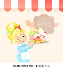  A cute little girs holds cupcakes on the tray and stands under awning of bakery vintage vector illustration