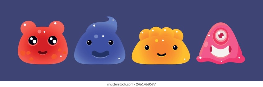Cute Little Glitter Slime Character and Jelly Comic Alien Vector Set