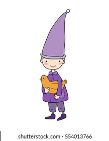 Cute little gnome and bird.  vector illustration on a white background. 
Funny elves.