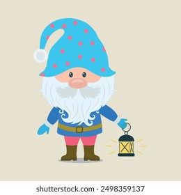 A cute little gnome in a blue hat. A hand-drawn sketch of a garden gnome. Vector illustration from a cartoon. A cute dwarf character with a lantern. Children's illustration.