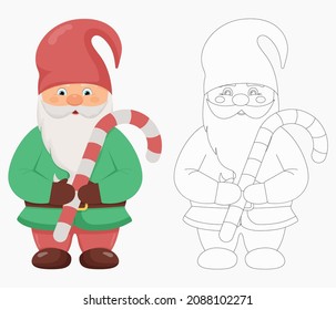 Cute little gnome with a candy cane in his hands. Christmas and New Year character. Gnome in color and outline