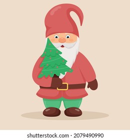 Cute little gnome with a christmas tree in his hands. Christmas and New Year character.